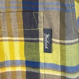 Woolrich Button Down Mens Large Green Yellow Plaid Short Sleeve Cotton Shirt
